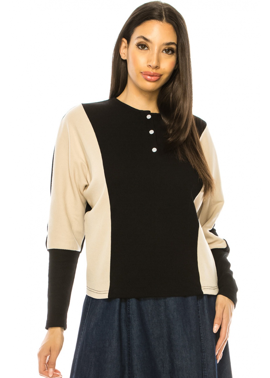Beige And Black Long Sleeves T-Shirt | Modest Women Clothing